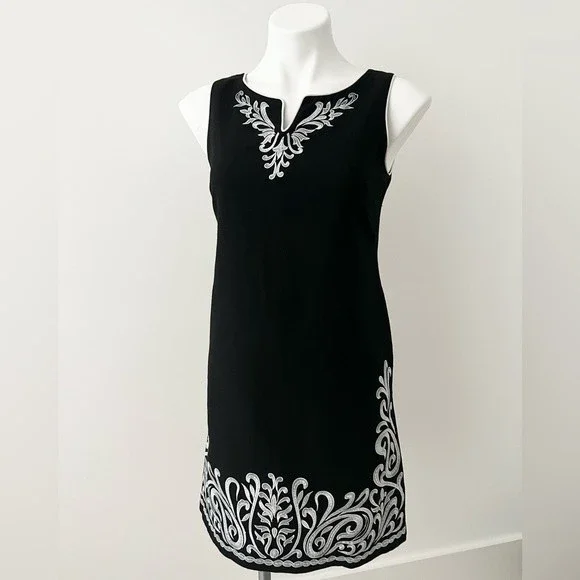 Jessica Howard | Dresses | Jessica Howard Black Dress With White Embroidery  6 Linen | Poshmark